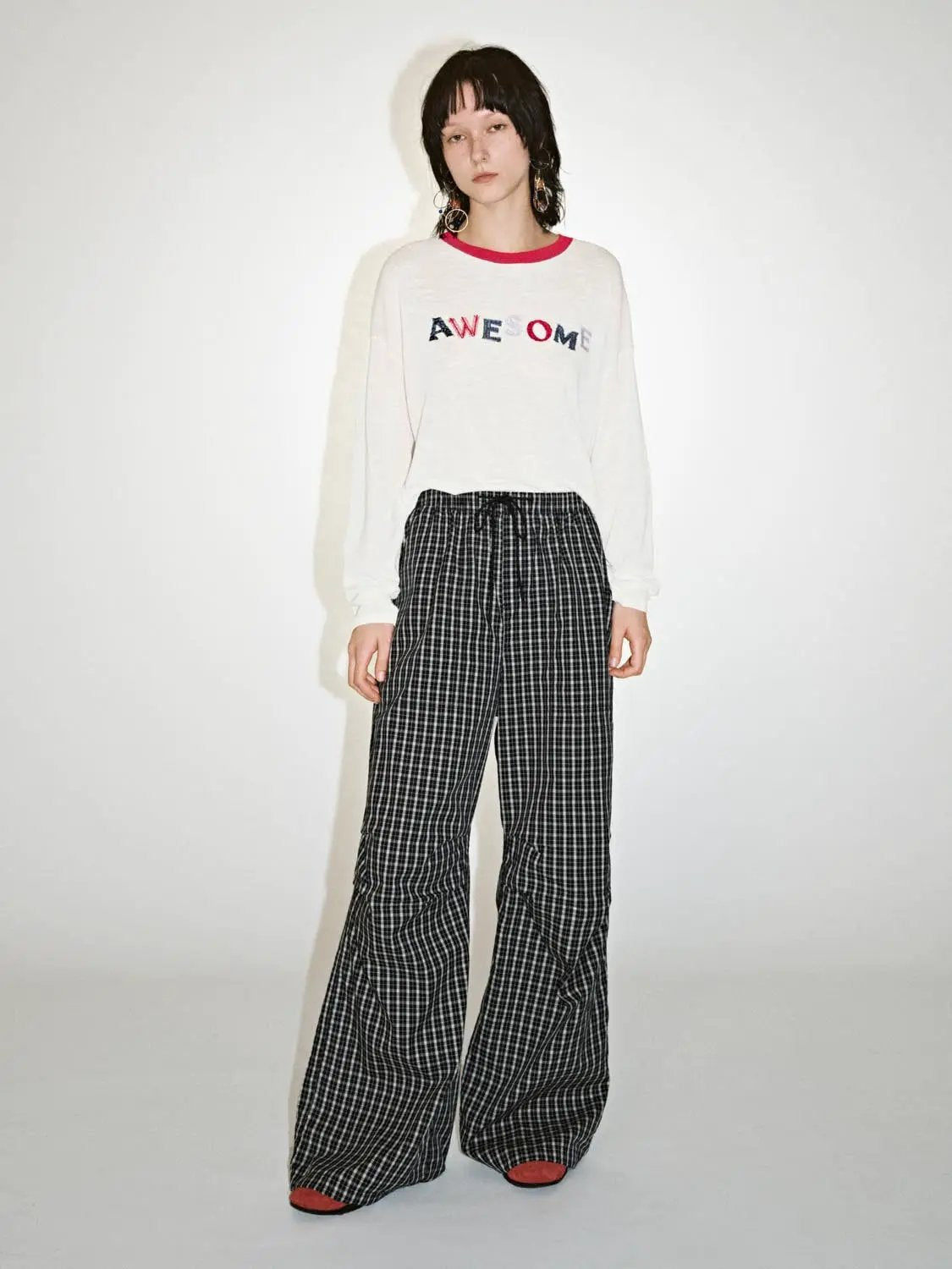 Cotton Contrast Check Drawstring Wide Leg Pants - Image 15