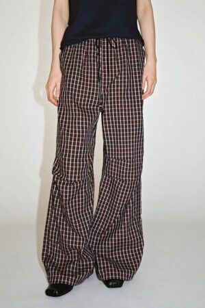 Cotton Contrast Check Drawstring Wide Leg Pants