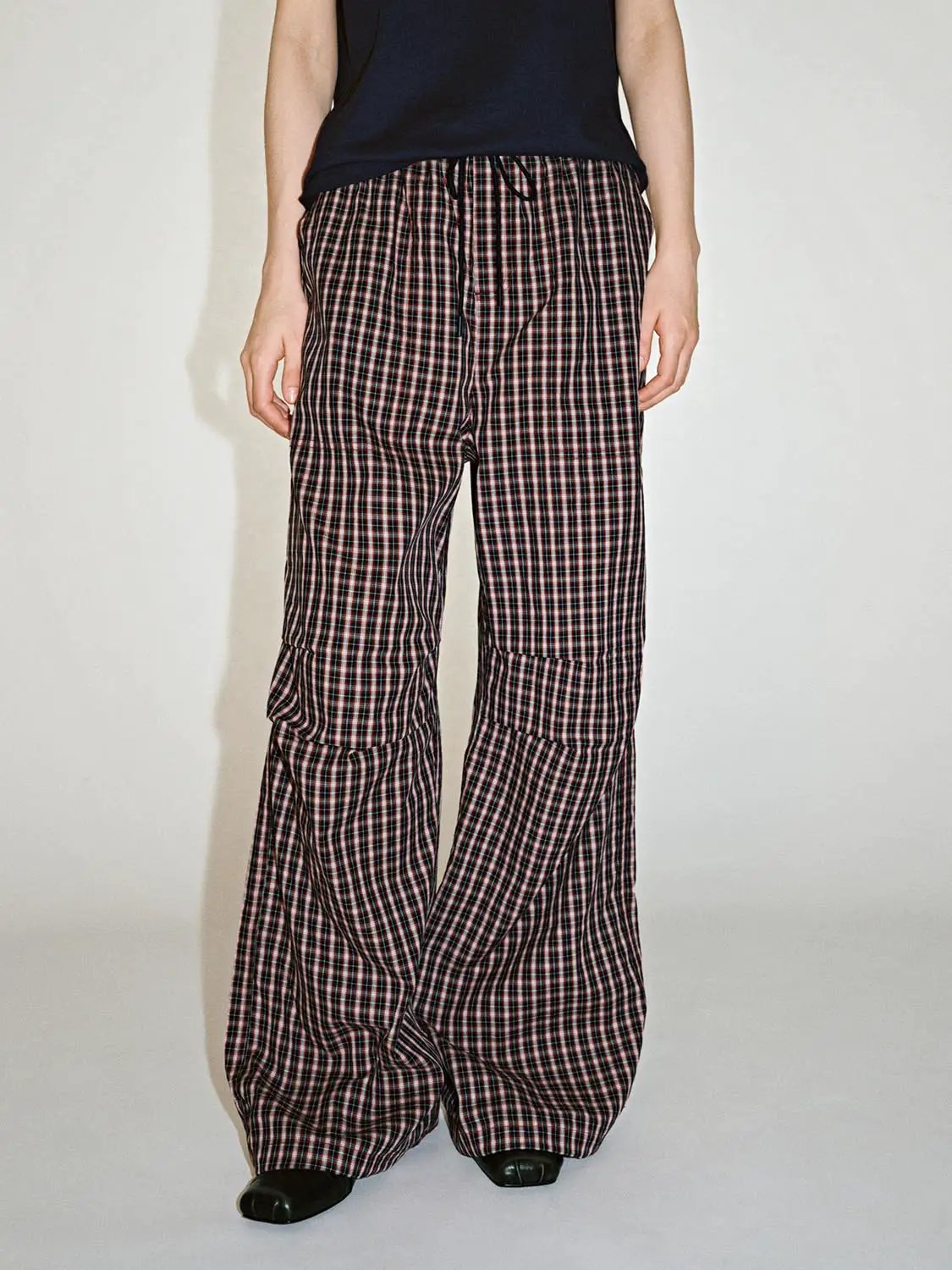 Cotton Contrast Check Drawstring Wide Leg Pants