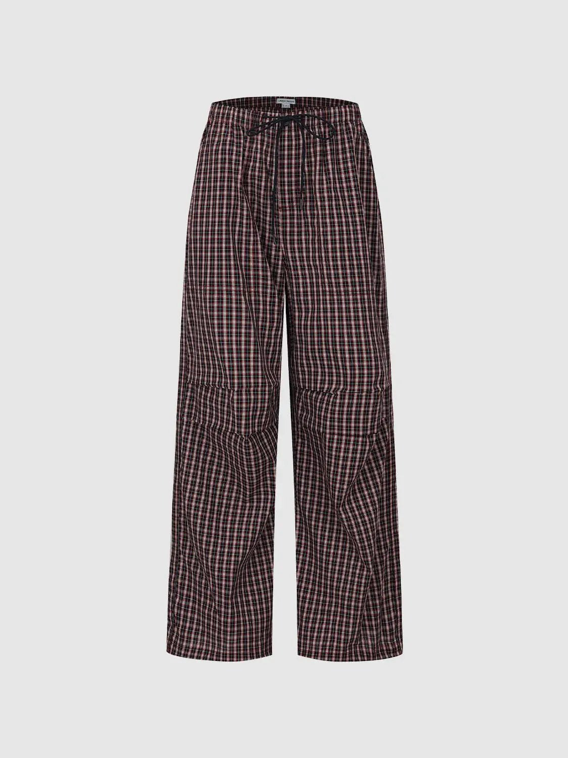 Cotton Contrast Check Drawstring Wide Leg Pants - Image 2