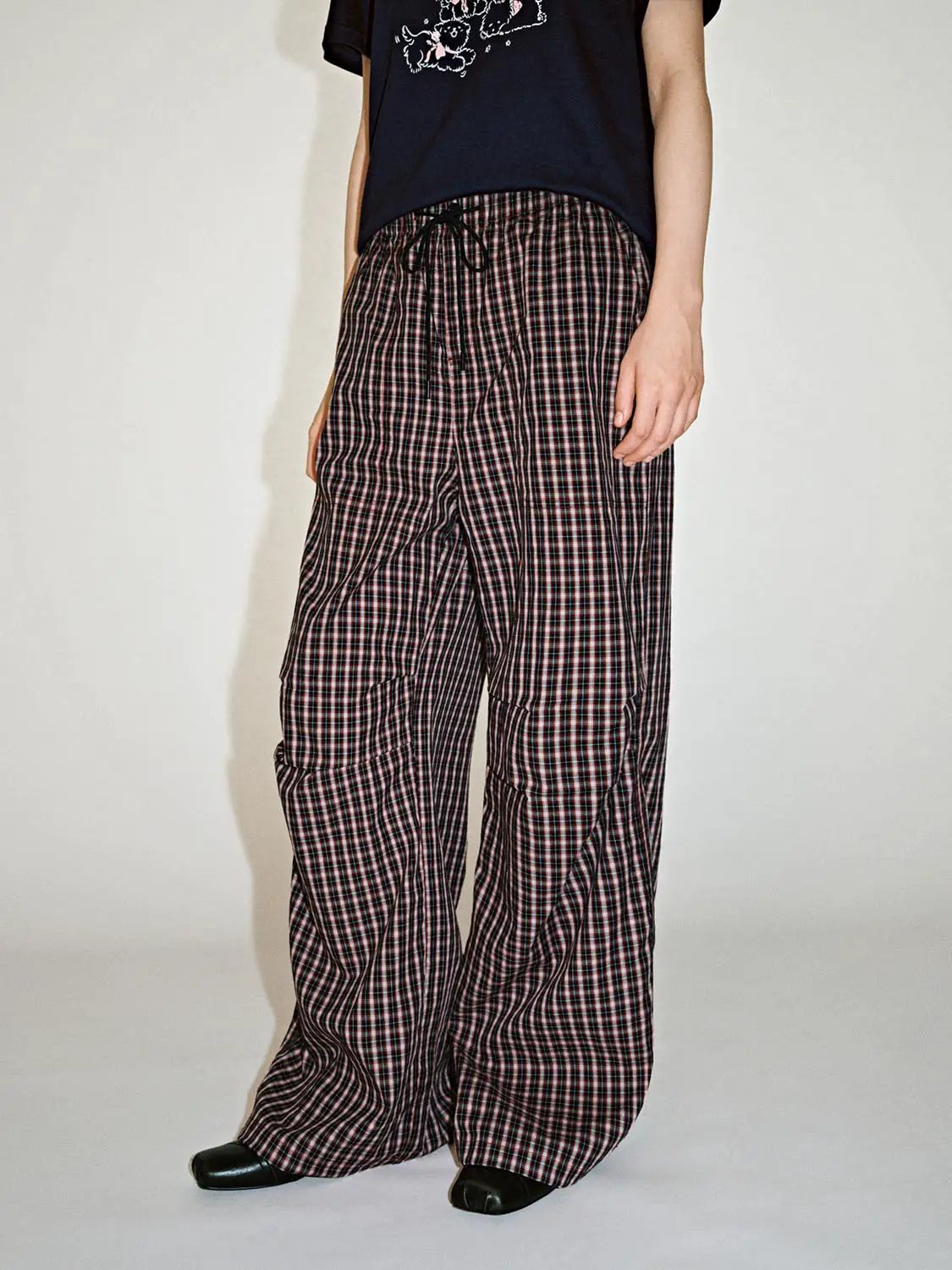 Cotton Contrast Check Drawstring Wide Leg Pants - Image 3