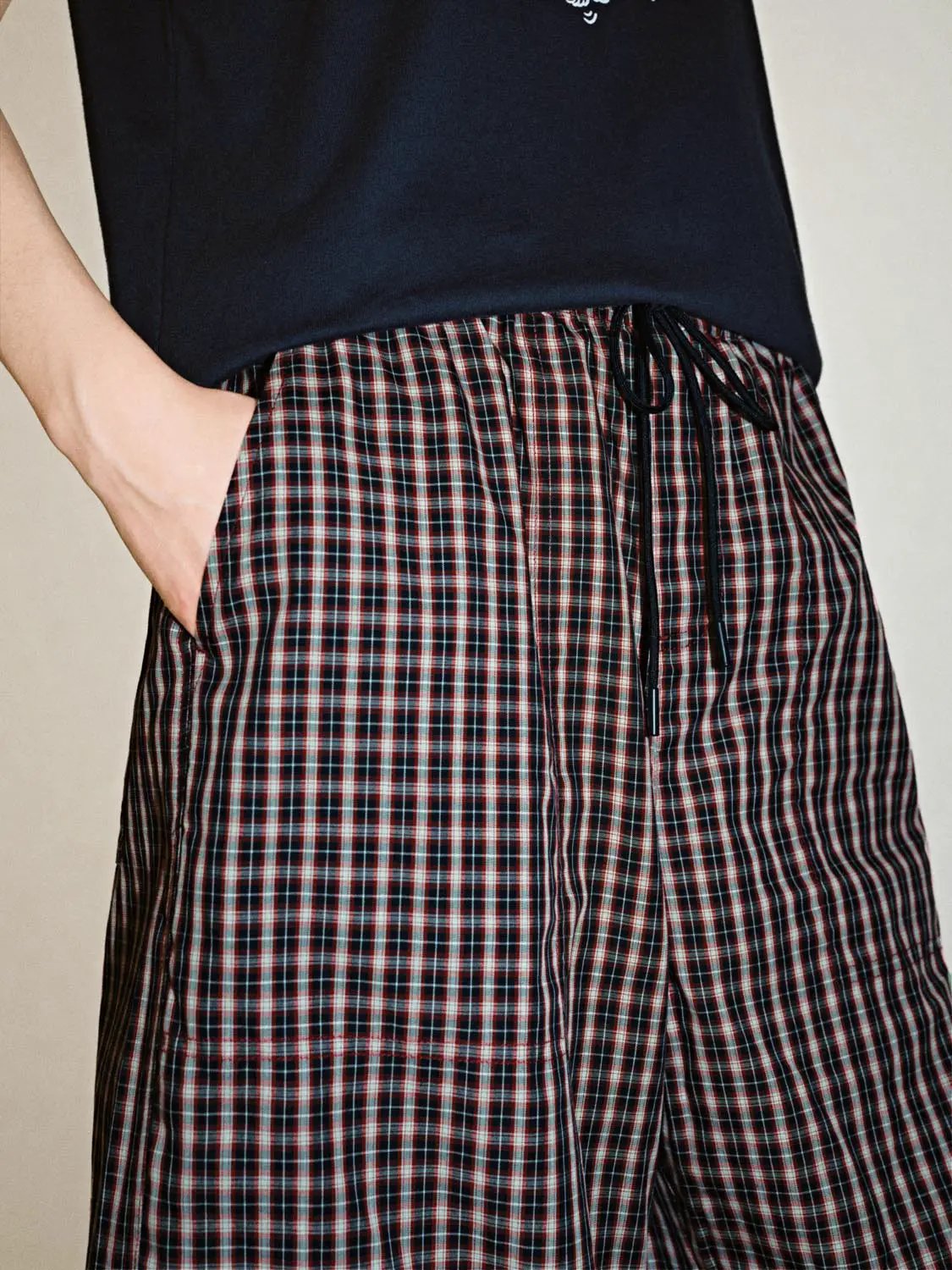Cotton Contrast Check Drawstring Wide Leg Pants - Image 5