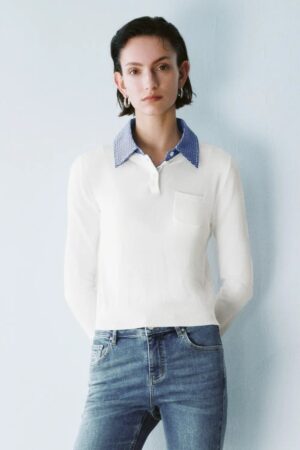 White Plaid Collar Knit Top With Blue Striped Collar Top